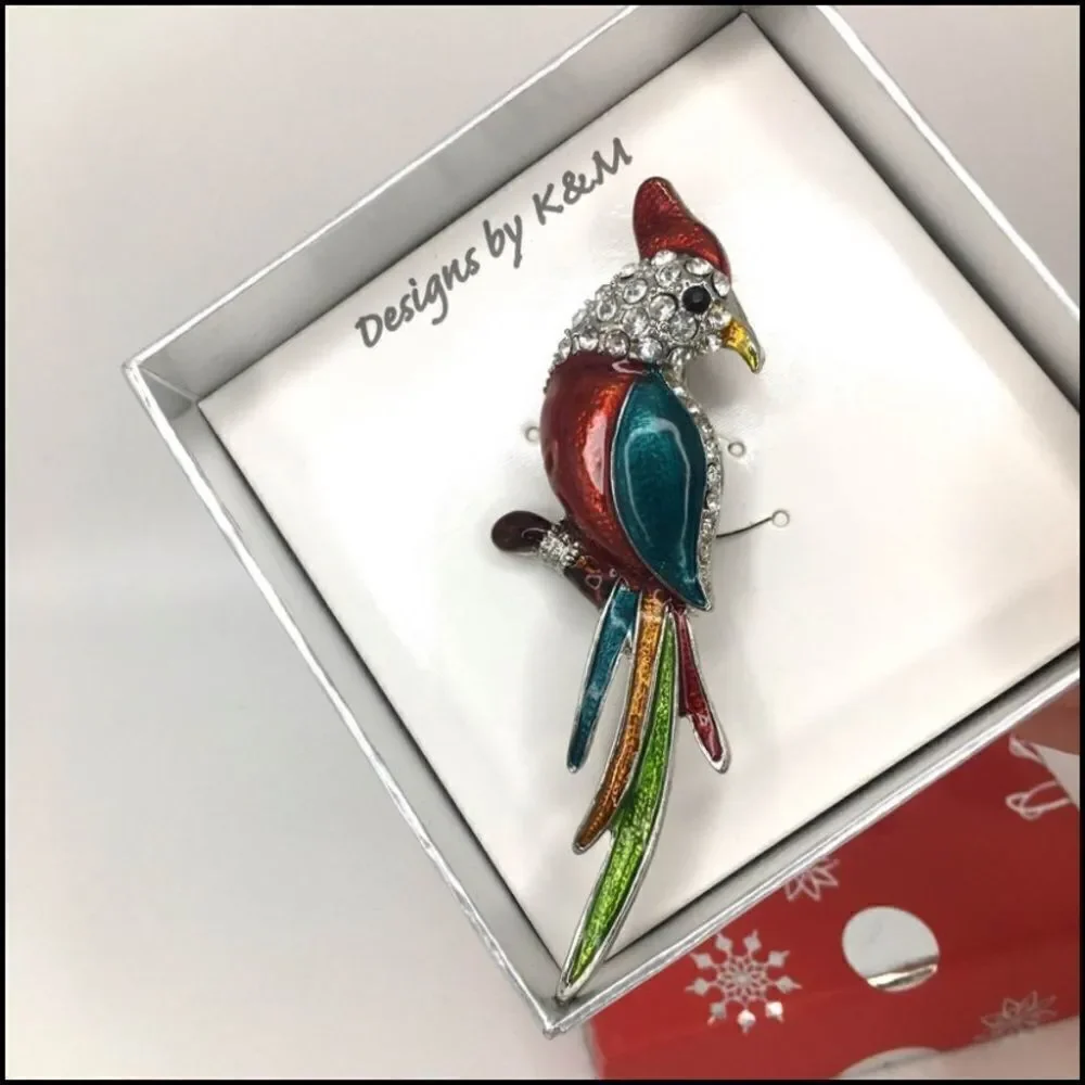 Enamel and Rhinestone Parrot Brooch